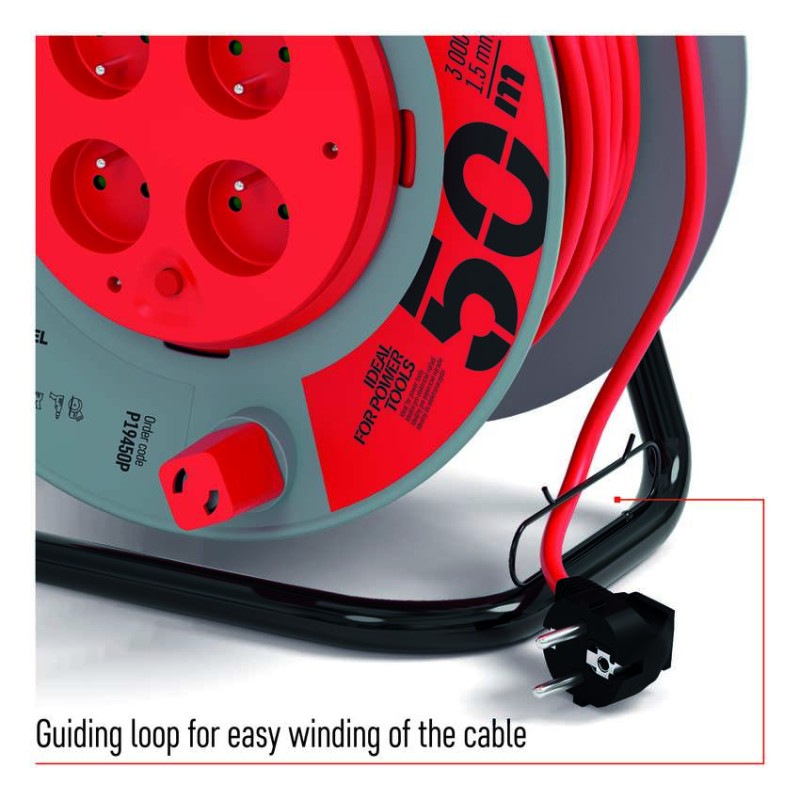 Predlžovací kábel na bubne 50 m / 4 zásuvky / červený / PVC / 230 V / 1,5 mm2 4