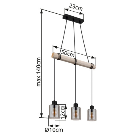 Závesné svietidlo, kov čierny, drevo prírodná farba, sklo dymová farba, kábel na omotanie, DxŠxV: 50 18
