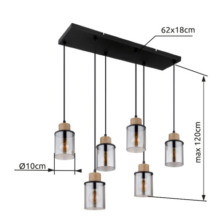 Závesné svietidlo, kov čierny matný, drevo, sklo dymové, kábel PVC čierny, DxŠxV: 620x180x1200mm, be 5