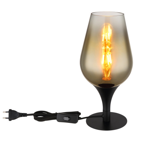 Stolové svietidlo, kov čierny, sklo zlatej farby, priehľadné, textilný kábel čierny, kolískový vypín 10