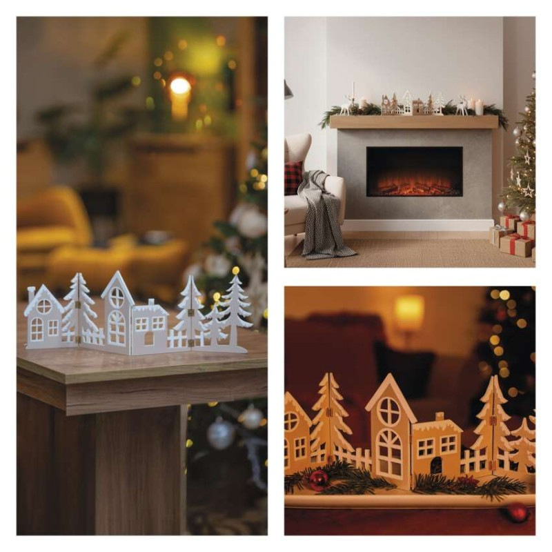 LED dekorácia drevená – vesnička, 60 cm, 2x AA, teplá biela, časovač 8