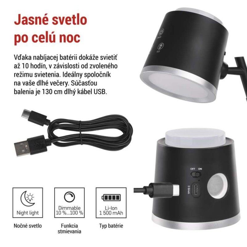 LED stolná lampa ABBIE, dobíjacia, čierna 5