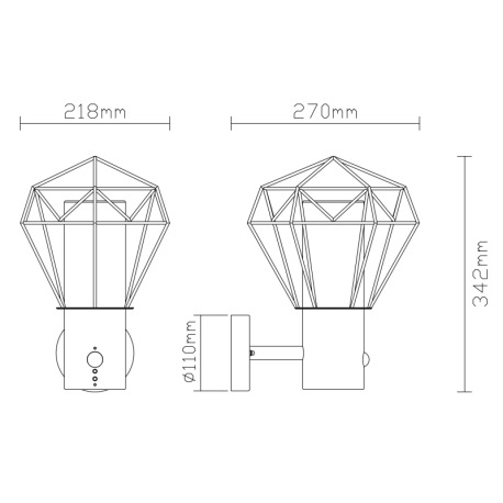 Vonkajšie svietidlo, nehrdzavejúca oceľ čierna, kov čierny, plast priehľadný, IP44, snímač: V: 1,8m, 12