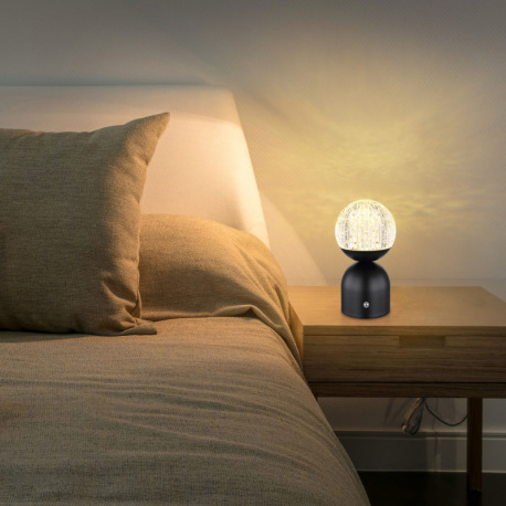 Nabíjateľná stolová lampa, kov čierny, akryl číry, krištáľový efekt, stmievateľné, plynulá regul. do 14