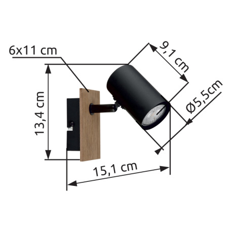 Nástenné svietidlo, kov čierny matný, MDF imitácia dreva, ŠxV: 60x134mm, H: 151mm, bez žiarovky 1xGU 10