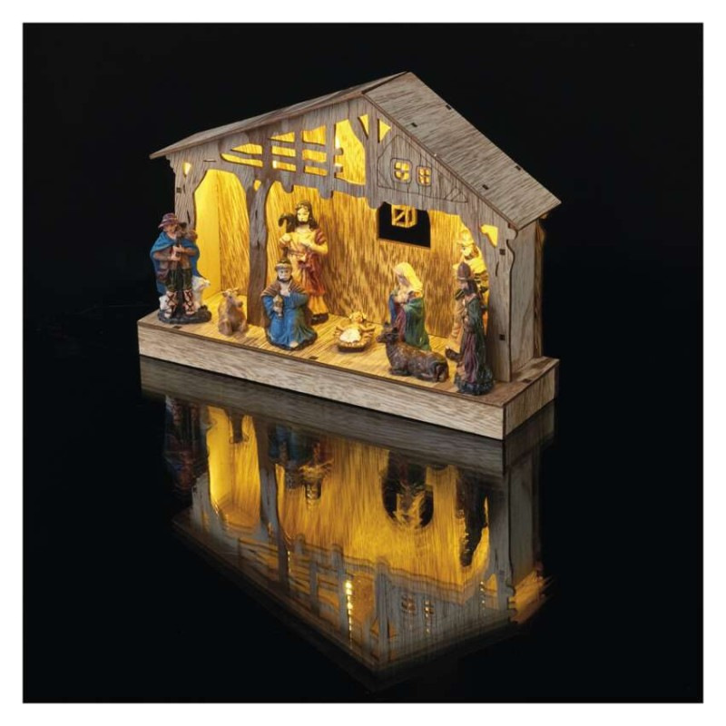 LED vianočný betlehem drevený, 19 cm, 3x AA, vnútorný, teplá biela, časovač 6