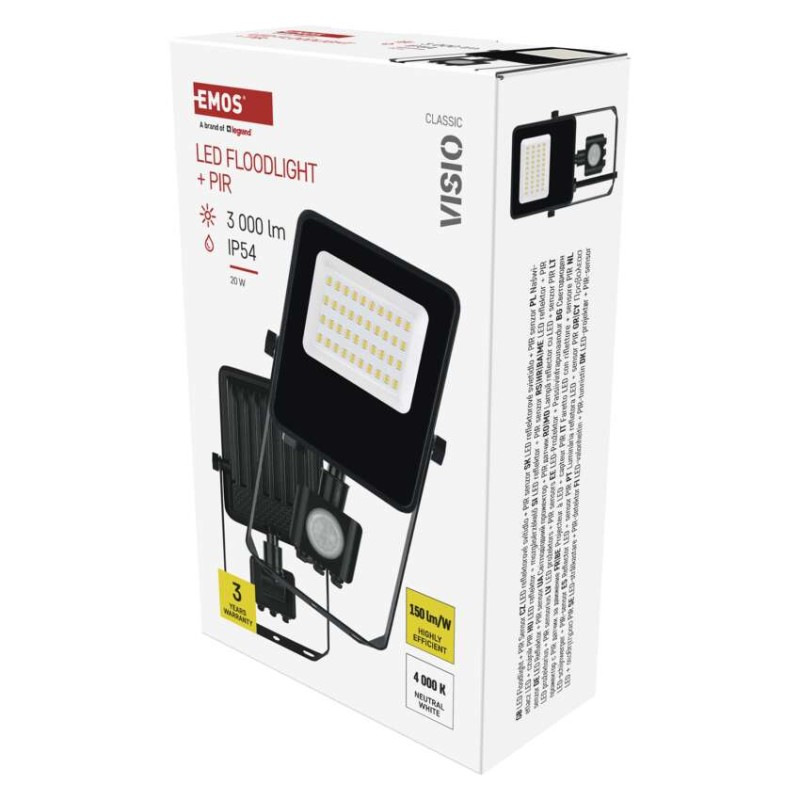 LED reflektor VISIO s pohybovým čidlom, 20 W, neutrálna biela, čierný