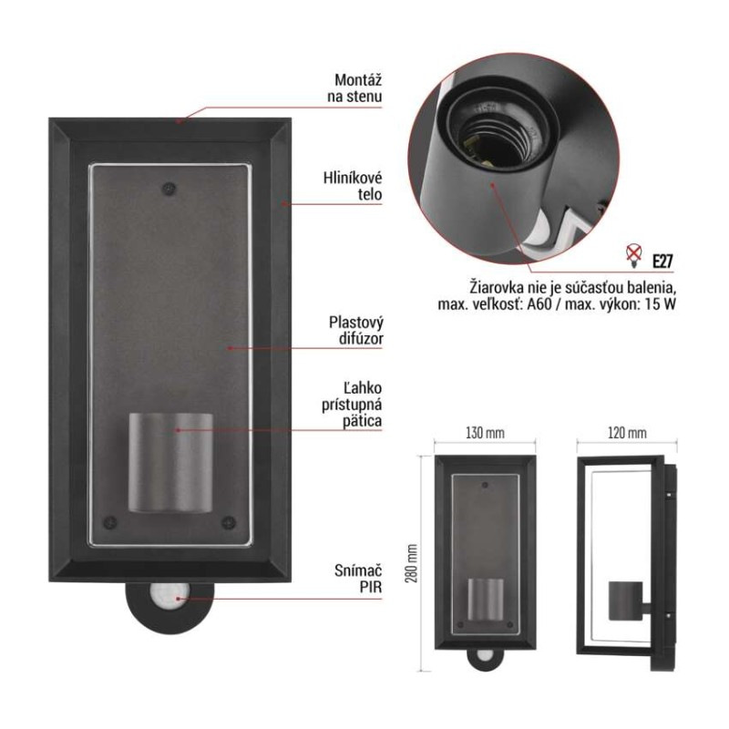 Záhradné nástenné svietidlo MALVA, senzor súmraku, 13 x 12 x 28 cm, 1 x E27, 15 W 5