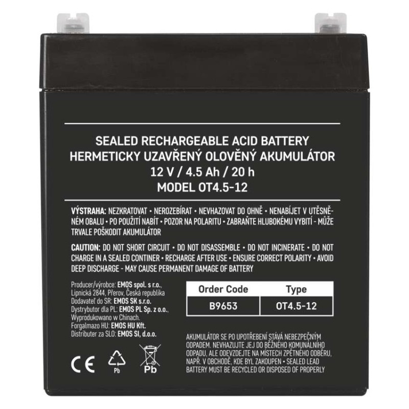 Bezúdržbový olovený akumulátor 12 V/4,5 Ah, faston 4,7 mm 4