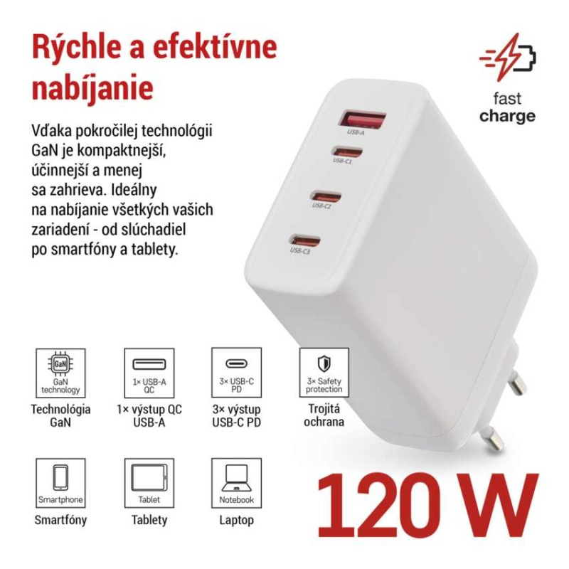 Univerzálny USB adaptér GaN do siete PD 120 W max. 1