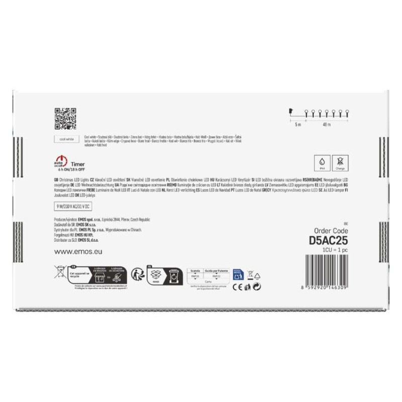 LED vianočná cherry reťaz–guličky, 48 m, vonkajšia aj vnútorná, st. biela, programy, čas 7