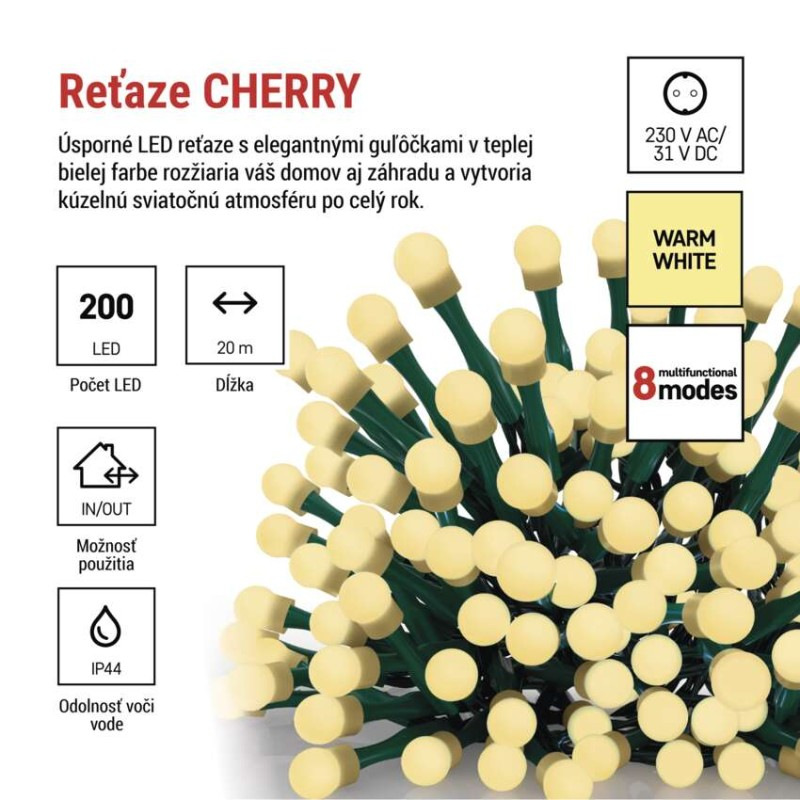LED vianočná cherry reťaz – guličky, 20 m, vonk. aj vnútor.,teplá biela, programy, časovač