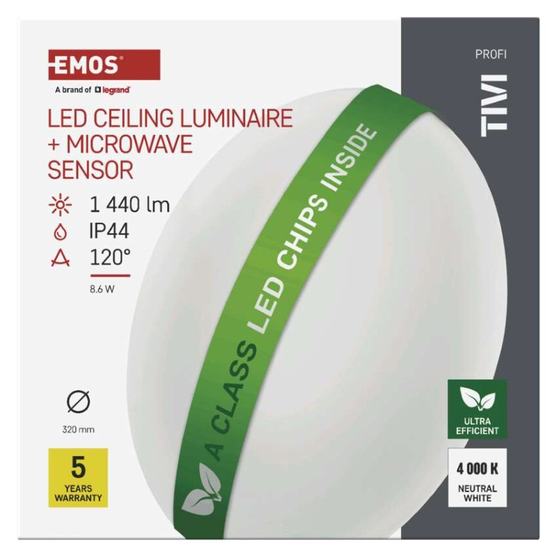 LED stropné svietidlo TIVI, A CLASS, okrúhle biele 8,6W, IP44, Neutrálna biela 8