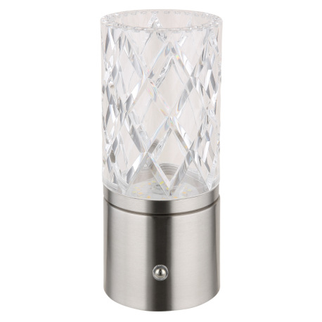 Nabíjateľná stolová lampa, kov nikel, chróm, akryl číry, kábel PVC biely, dotykové zapnutie/vypnutie 3