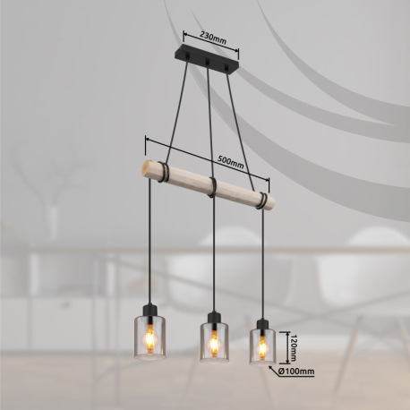Závesné svietidlo, kov čierny, drevo prírodná farba, sklo dymová farba, kábel na omotanie, DxŠxV: 50 17
