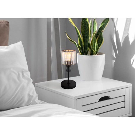 Stolové svietidlo, kov čierny matný, akrylové krištále číre, kábel PVC čierny, kolískový vypínač na 11