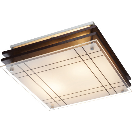 Stropné svietidlo, drevo tmavohnedé, satinované sklo, DxŠxV: 310x310x80, bez žiaroviek 2xE27, max. 6