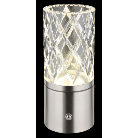 Nabíjateľná stolová lampa, kov nikel, chróm, akryl číry, kábel PVC biely, dotykové zapnutie/vypnutie 2