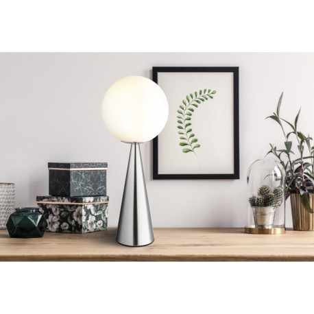 Stolové svietidlo, kov nikel, sklenená guľa biela, kábel textilný čierny, kolískový vypínač na kábli 8