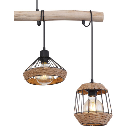 Závesné svietidlo, kov čierny matný, drevo, konopné lano, DxŠxV: 1050x210x1250, bez žiaroviek 4xE27, 13