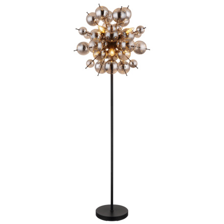 Stojanové svietidlo, kov čierny matný, sklenené gule dymovej farby, kábel PVC čierny, vyínač na kábl