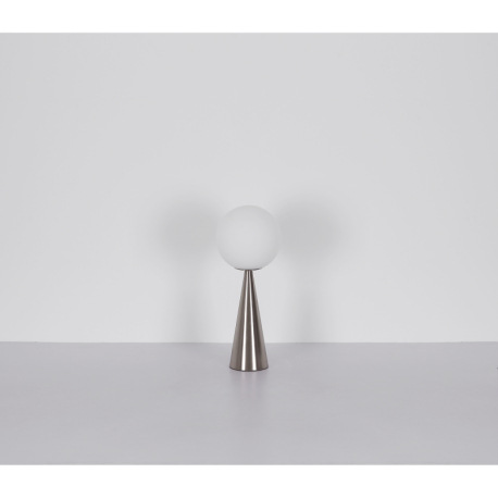 Stolové svietidlo, kov nikel, sklenená guľa biela, kábel textilný čierny, kolískový vypínač na kábli 6