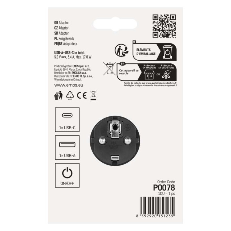 Rozbočovacia zásuvka 2×, vyp., 1×USB-A+1×USB-C, čierna 4