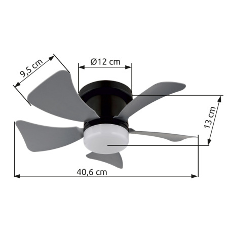 Stropný ventilátor, kov čierny matný, plast sivý/biely, stmievateľný, niekoľko úrovní pomocou násten 18