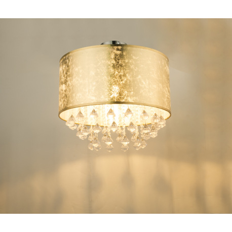 Stropné svietidlo, kov nikel matný, textil zlatý, akrylové krištále priehľadné, Ø400, V:380, bez žia 12