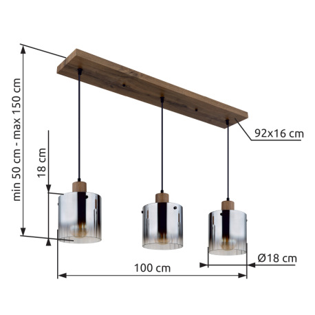 Závesné svietidlo, MDF, vzhľad tmavého dreva, dymové sklo, číry gradient, čierny PVC kábel, možnosť 12