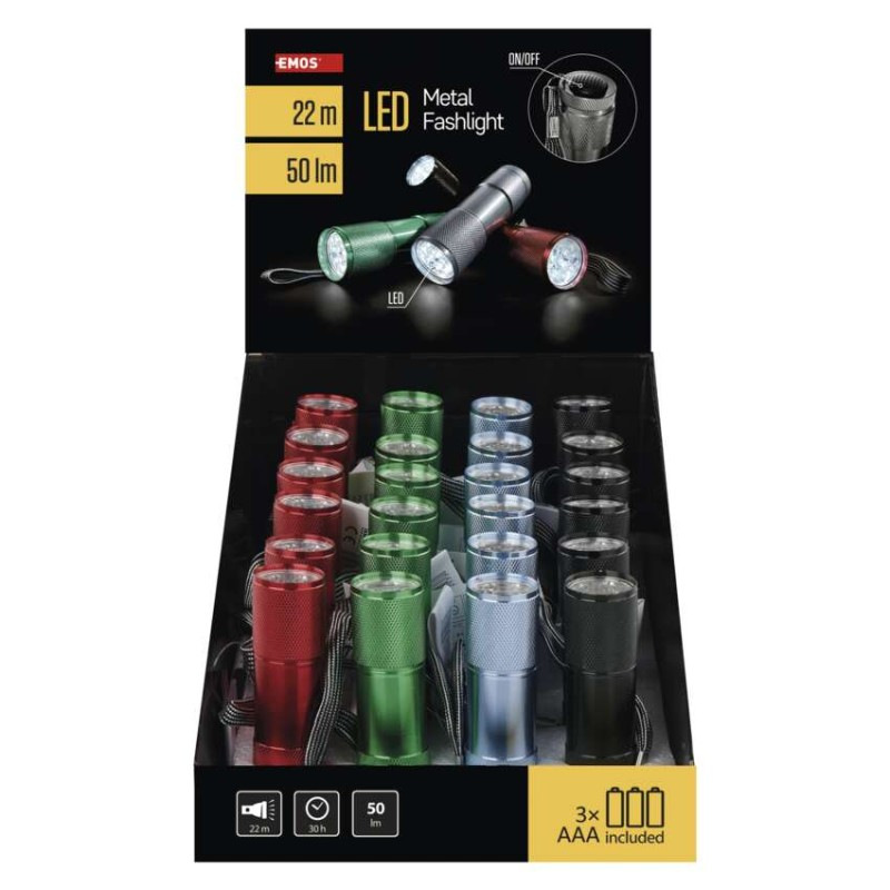 LED ručné kovové svietidlo P3848A, 50 lm, 3× AAA, 24 ks, display box