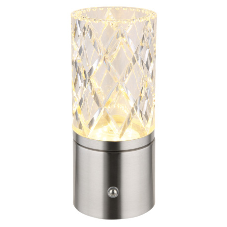 Nabíjateľná stolová lampa, kov nikel, chróm, akryl číry, kábel PVC biely, dotykové zapnutie/vypnutie 5