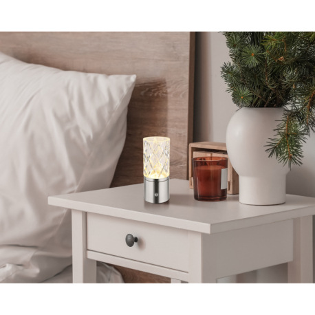 Nabíjateľná stolová lampa, kov nikel, chróm, akryl číry, kábel PVC biely, dotykové zapnutie/vypnutie 1