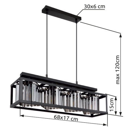 Závesné svietidlo kov čierny matný, sklenené kryštály dymovej farby, možnosť nastavenia výšky, DxŠxV 11