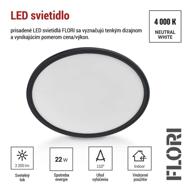 LED prisadené svietidlo FLORI okrúhle, čierné, 22W, neutrálna biela 4