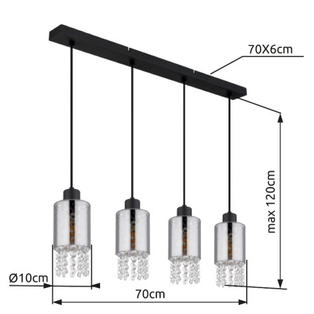 Závesné svietidlo kov čierny matný, sklo dymové, sklo kryštály číre, kábel PVC čierny, DxŠxV: 730x10 16