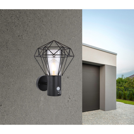 Vonkajšie svietidlo, nehrdzavejúca oceľ čierna, kov čierny, plast priehľadný, IP44, snímač: V: 1,8m, 1