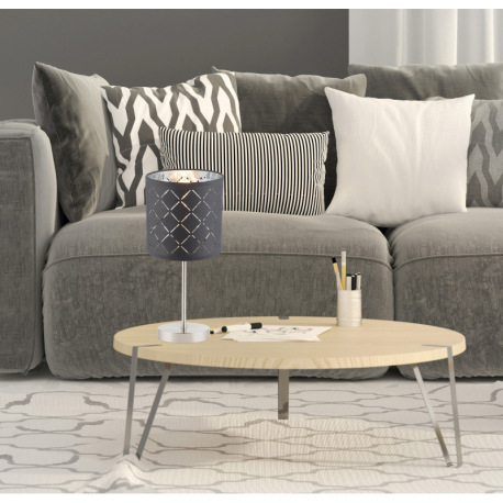 Stolová lampa, kov nikel matný, textil sivý, tienidlo s dekoratívnym dierovaním, kábel 1,5m, vypínač 2