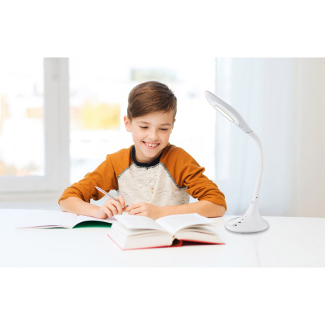 Stolová lampa, plast, chróm, biely, hliník, flexo, dotykový vypínač ON / OFF, dotykový stmievač, DxŠ 1