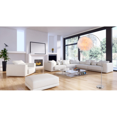 Stojanové svietidlo, kov nikel matný, textil biely, tienidlo s bielym perím, výškovo nastaviteľné, v 6