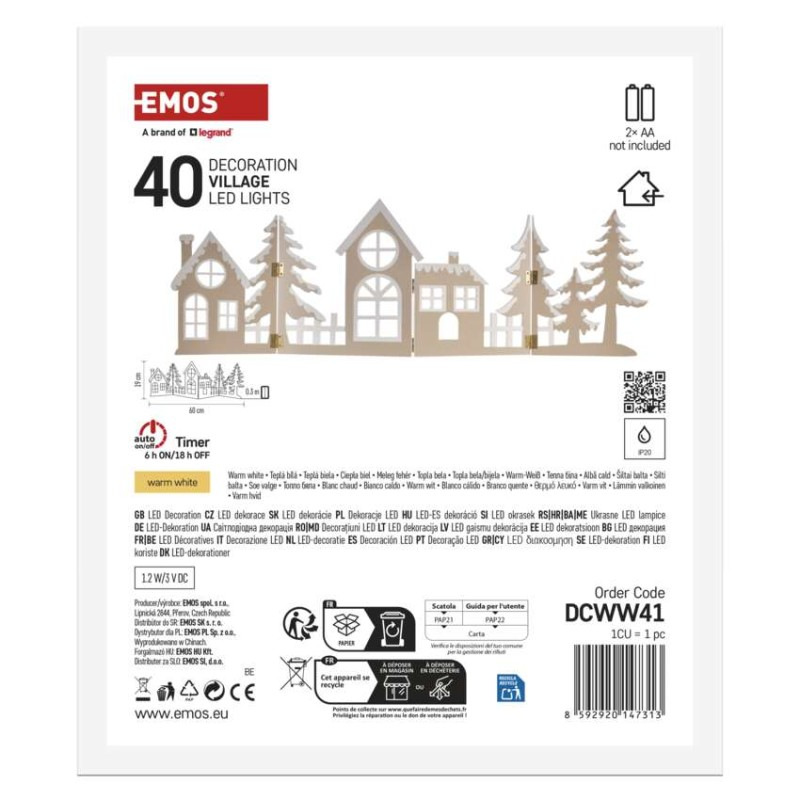 LED dekorácia drevená – vesnička, 60 cm, 2x AA, teplá biela, časovač 6