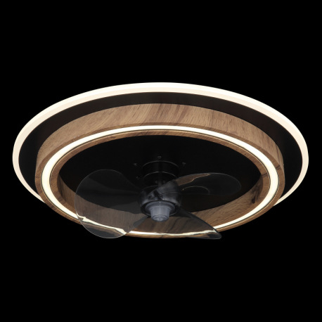 Stropný ventilátor, kov čierny matný, MDF vzhľad dreva tmavý, plast biely/dymový, stmievateľný, niek 2