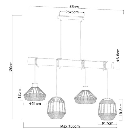 Závesné svietidlo, kov čierny matný, drevo, konopné lano, DxŠxV: 1050x210x1250, bez žiaroviek 4xE27, 7