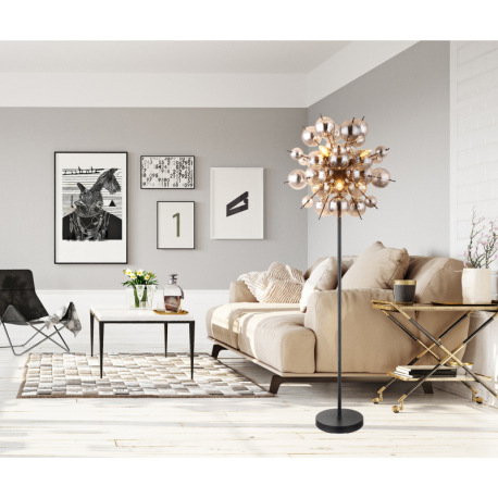 Stojanové svietidlo, kov čierny matný, sklenené gule dymovej farby, kábel PVC čierny, vyínač na kábl 10