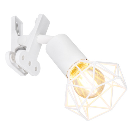 Štipcové svietidlo kov biely matný, plast, kovová mriežka biela matná, kábel PVC biely, kolískový vy