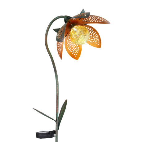 Solárne svietidlo, kov zelený a zlatý, imitácia prasknutého skla jantár, kvet, zapichovací hrot do z 5