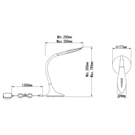 Stolová lampa, plast, chróm, biely, hliník, flexo, dotykový vypínač ON / OFF, dotykový stmievač, DxŠ 6
