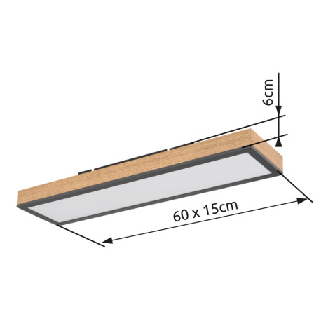 Stropné svietidlo, hliník grafit, MDF vzhľad dreva, akryl biely, DxŠxV:600x150x60mm, vrátane LED 18W 14