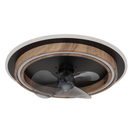 Stropný ventilátor, kov čierny matný, MDF vzhľad dreva tmavý, plast biely/dymový, stmievateľný, niek 3