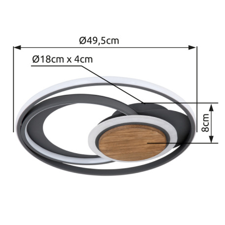 Stropné svietidlo, kov grafit, tmavohnedé drevo, akryl biely, Ø495, V:80, vrátane 1xLED 45W 230V, 49 12